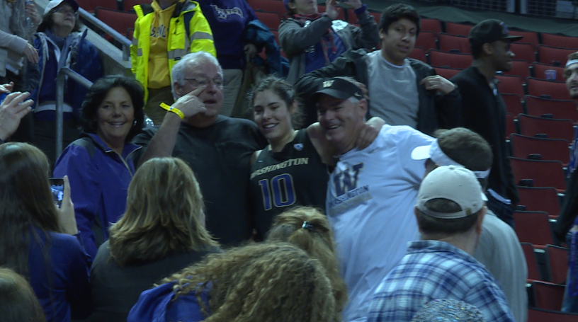 Washington's Kelsey Plum hugs family in stands after beating Stanford